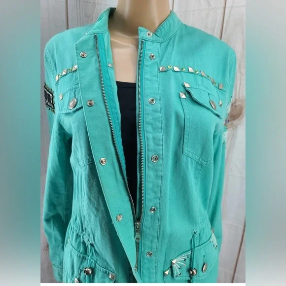 Double D Ranch Embroidered Studded Turquoise Jacket Blazer Western. Size XS - Picture 3 of 16